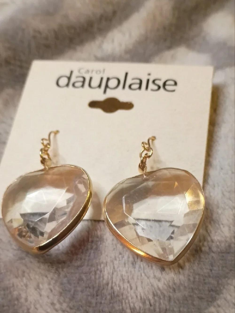 Carol Dauplaise Clear Heart Drop Earrings with Gold Trim